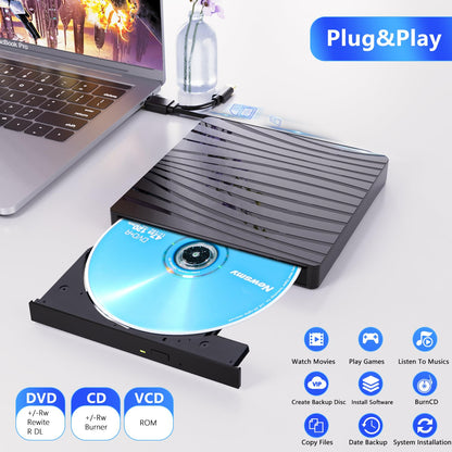 QDSYLQ External DVD Drive, USB 3.0 & Type-C Portable CD DVD +/-RW Burner Optical Drive External DVD Drive for Laptop, PC, Desktop, MacBook, iMac, Windows 11/10/8/7/XP/Linux/Vista/MacOS