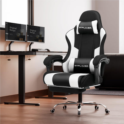 GTPLAYER fabric gaming chair, office chair with massage gaming armchair ergonomic gamer chair with footrest, headrest massage lumbar cushion, padded gaming chair, swivel chair, white