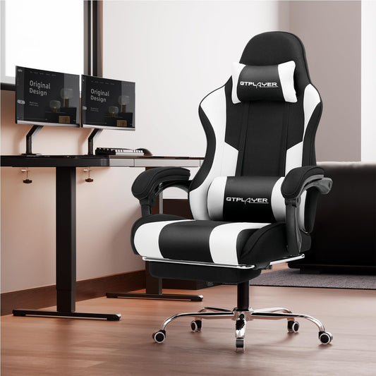 GTPLAYER fabric gaming chair, office chair with massage gaming armchair ergonomic gamer chair with footrest, headrest massage lumbar cushion, padded gaming chair, swivel chair, white