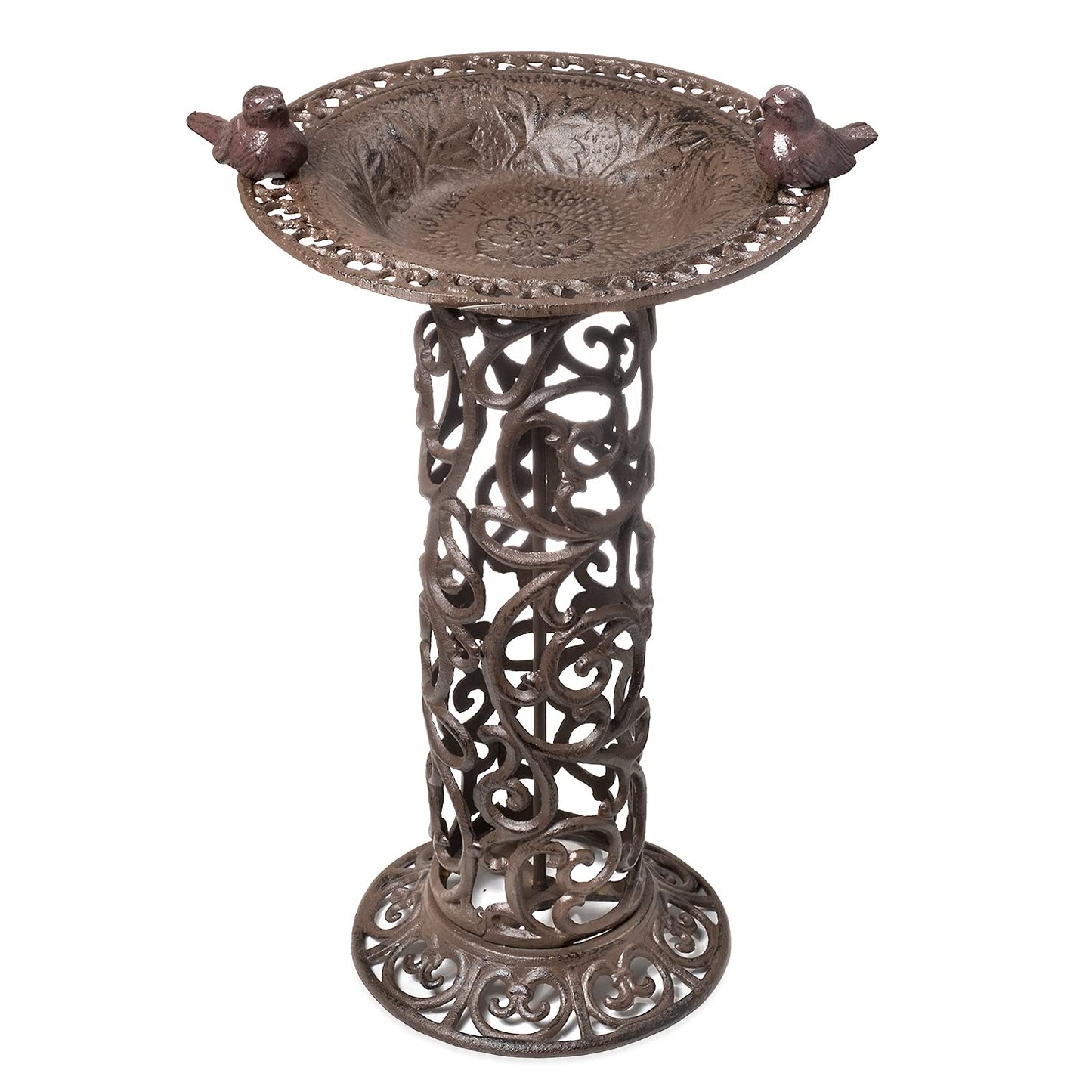 Large bird bath with decorative birds made of cast iron. Metal water bowl for feeding and garden decoration.