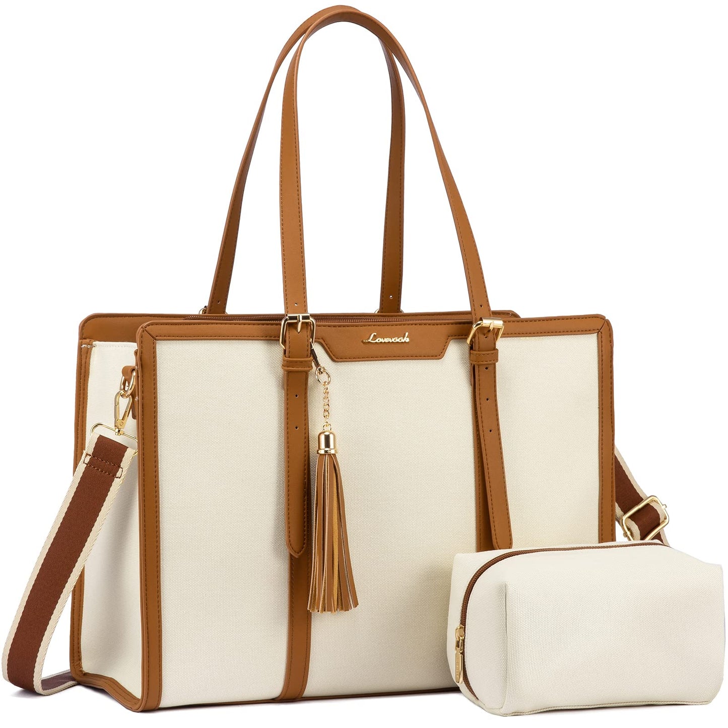 LOVEVOOK laptop handbag for women, fits up to 15.6 inch laptop. Can be used as tote, shoulder, crossbody bag. Made of canvas, perfect for office, business, travel or leisure. Elegant and spacious for teachers and professionals.