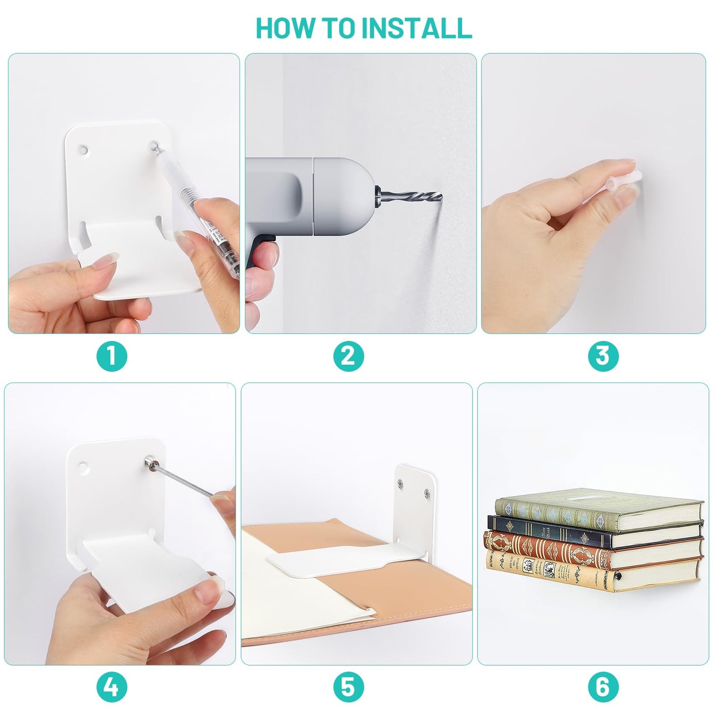 SWAWIS 6 Pieces Invisible Bookshelf Mini Floating Bookshelf Metal Bookshelf Wall Floating Bookshelf Invisible Bookshelf Floating Bookshelf for Paperbacks, White