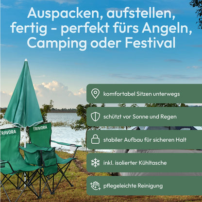 TRAVORA 2-person partner camping chair with sunshade and cooler compartment and logo - folding camping chair for two people - folding chair camping - camping chair fishing chair as a double seater (green)