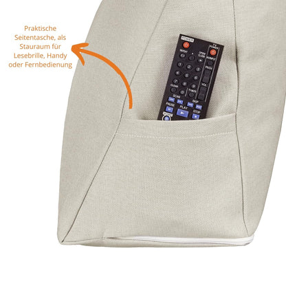 Sleeping back cushion wedge pillow for bed and sofa, lumbar pillow, triangular reading pillow, beach pillow, pillow with removable washable cover, side pocket, 70 cm wide, beige.