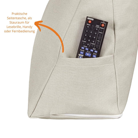 Sleeping back cushion wedge pillow for bed and sofa, lumbar pillow, triangular reading pillow, beach pillow, pillow with removable washable cover, side pocket, 70 cm wide, beige.
