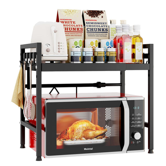 Mointal Adjustable Microwave Shelf, 2-Tier Expandable Kitchen Microwave Stand Rack, Carbon Steel Microwave Holder, Kitchen Storage Organizer with 8 Hooks, Black