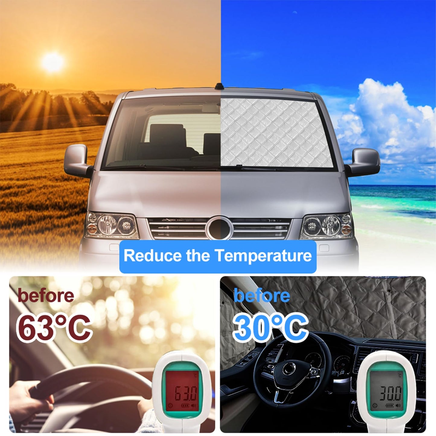 Car Windshield Sun Shade Replacement for VW T5 T6 SWB, 8PCS Sunshade Windshield Protection Set, Internal Thermal Blinds Window Set with Storage Bag, 100% Occlusion (8PCS-SWB)