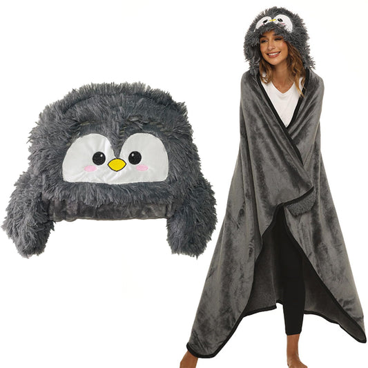 Gifts for women, Portable blanket for women, Penguin gift for women, Sofa blanket Penguin blanket Warm cuddly blanket Fluffy Blanket with hat and gloves, 150 x 125 cm, Dark Grey-Penguin