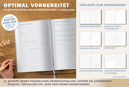 One of the good teacher planners 2025-2026, A4 elementary school planner, 1 double page per week, hardcover school planner for the 25/26 school year, gray beige with flowers, FSC paper.