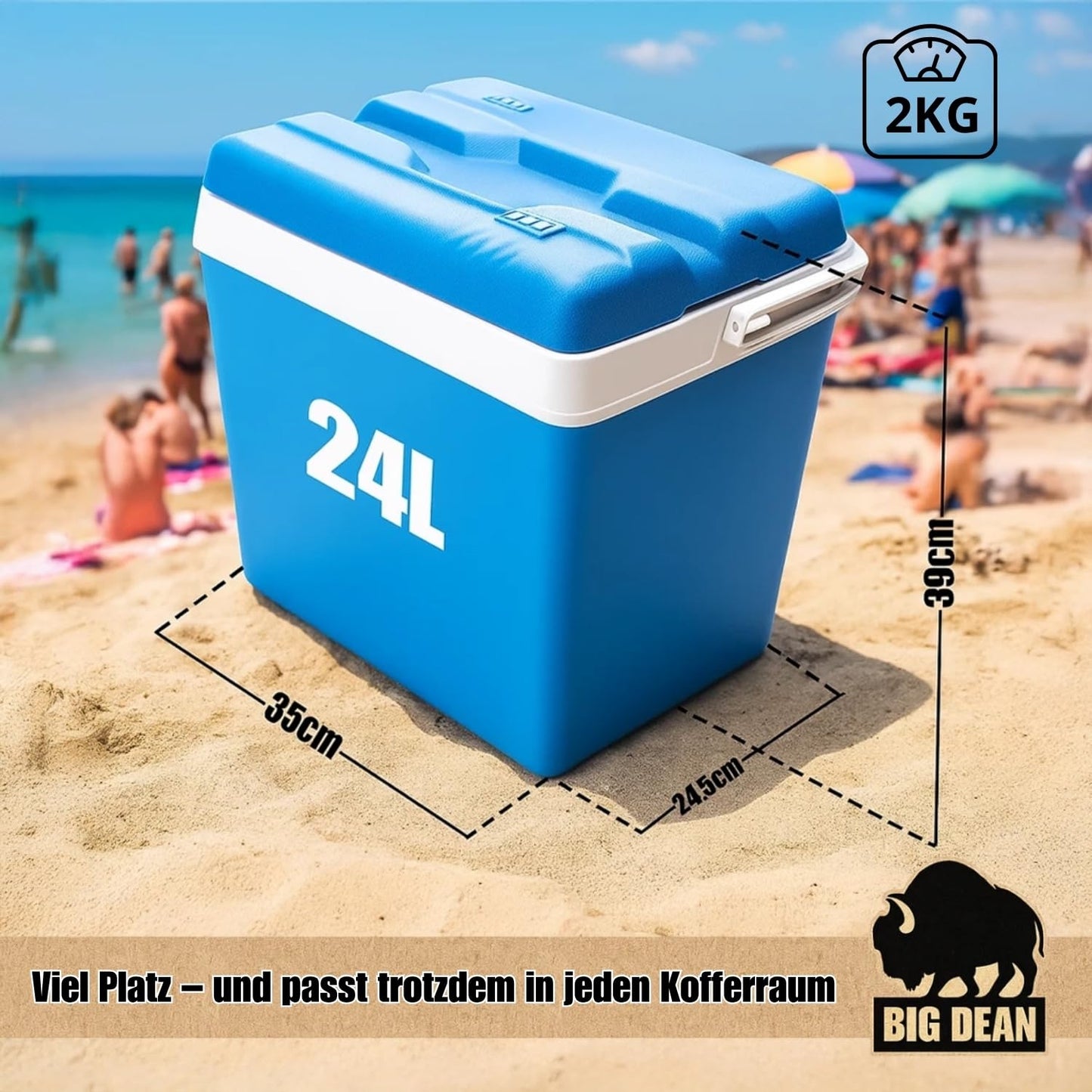Cooler box including 12 cooling packs. 24-liter cooler box with battery for up to 11 hours of cooling.