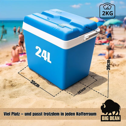 Cooler box including 12 cooling packs. 24-liter cooler box with battery for up to 11 hours of cooling.