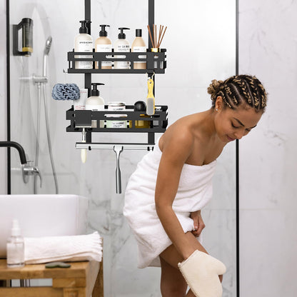 Reading tour shower shelf without drilling in black, hanging shower shelf for glass shower doors with 2 shower baskets, 4 fixed hooks, 1 glass wiper hook, and 2 movable hooks included.