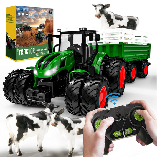 RC Remote Control Tractor with Trailer, lights and cow. Suitable for children 3 years and older. Great Christmas gift for kids.
