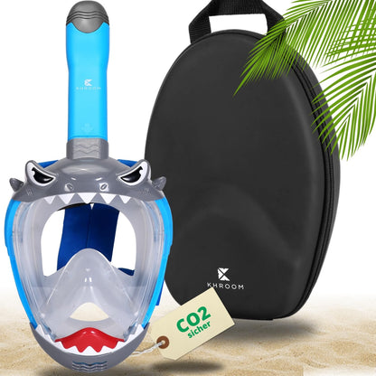 Khroom Kids Snorkel Mask for ages 3 and up | TUV tested & CO2 safe | Full face diving mask for kids | Diving mask with carrying case (Blue Shark+Case)