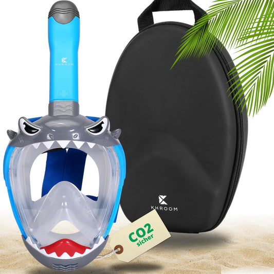 Khroom Kids Snorkel Mask for ages 3 and up | TUV tested & CO2 safe | Full face diving mask for kids | Diving mask with carrying case (Blue Shark+Case)