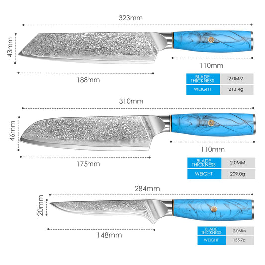 Home Safety Damascus Knife Set, 3PC Damascus Chef Knife Set Santoku Knife Set made of 67 layers Vg-10 Damascus steel, Professional Damascus Kitchen Knife Set with Ergonomic Resin Handle, Gift Box