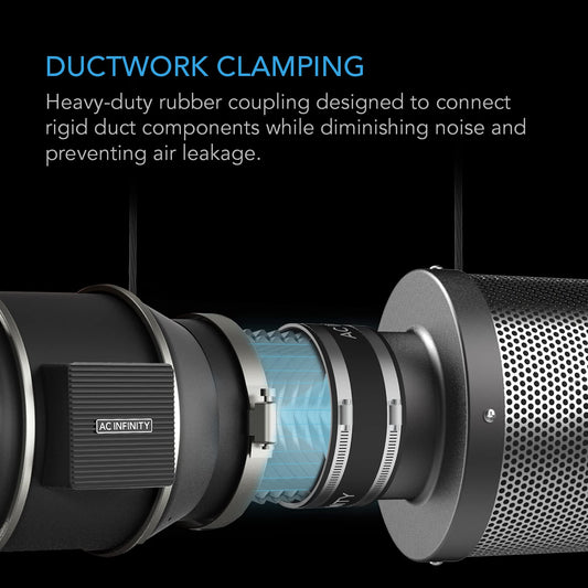 AC Infinity Noise Reducing Clamp, Duct Connector with Stainless Steel Clamps, 150mm - Flexible rubber clamp for inline fans and carbon filters in grow tents and ventilation systems.