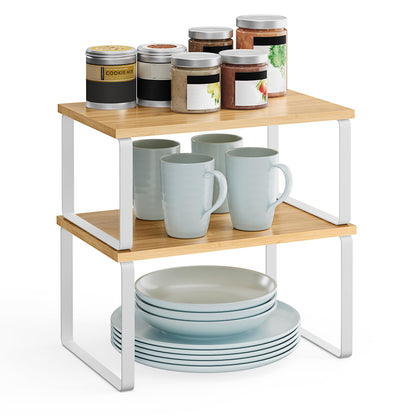 SONGMICS spice rack, set of 2 kitchen organizers, cabinet organizer for kitchen, expandable, small shelf, stackable, made of metal and wood composite, cloud white-natural beige KCS02NW.