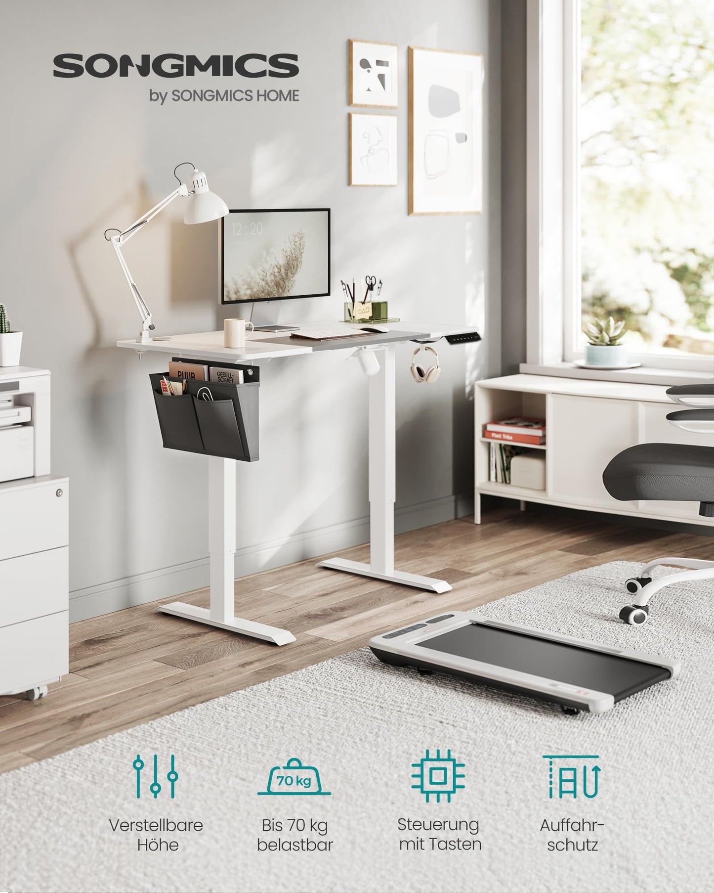 SONGMICS Electric Height Adjustable Desk, 120 x 60 cm, continuously adjustable, Memory Function with 4 heights, cloud white-dove gray LSD015W02