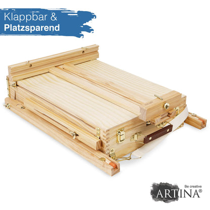 Artina 30-piece easel set Madrid - portable easel with XXL acrylic canvas painting set - field easel with 90° tilt - wooden easel set with 18 acrylic paints, 2 stretcher frames, brushes, and painting spatulas.