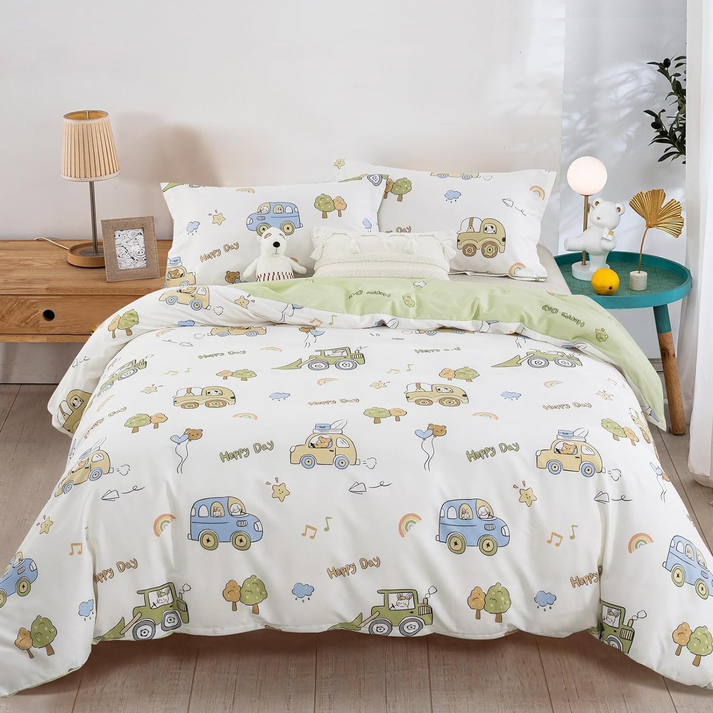 Lanqinglv Kids Bedding 155x220 Boys Car Green White Microfiber Bedding, Reversible Bedding Set - Duvet Cover with Zipper and 1 Pillowcase 80x80 cm