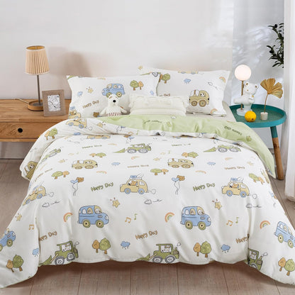 Lanqinglv Kids Bedding 155x220 Boys Car Green White Microfiber Bedding, Reversible Bedding Set - Duvet Cover with Zipper and 1 Pillowcase 80x80 cm