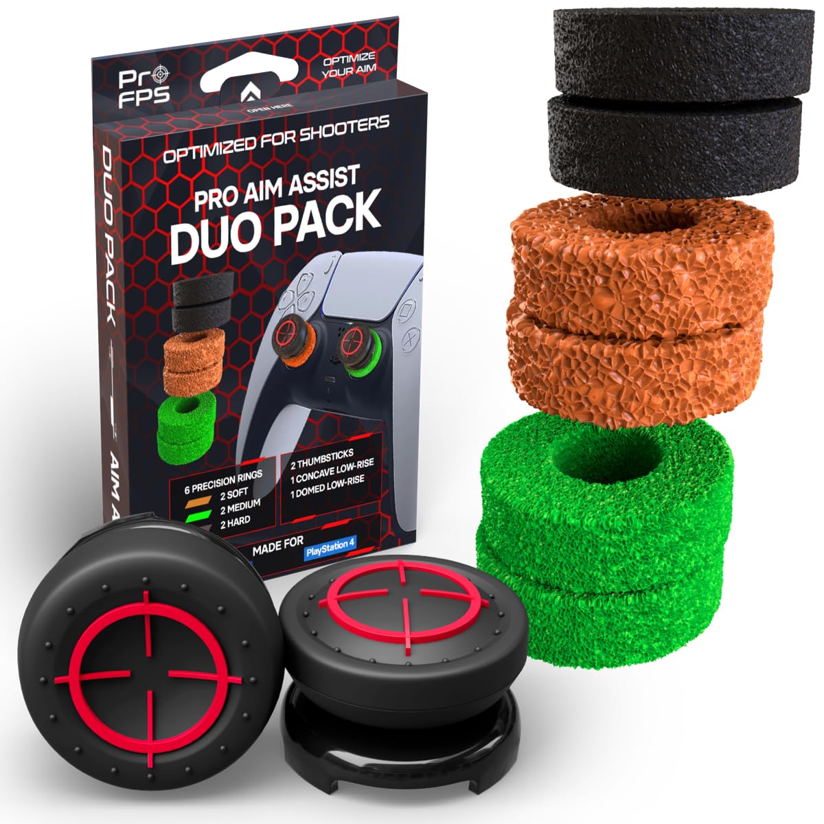 ProFPS PS5 Accessories / PS4 Accessories - 6X Precision Rings & 2X Mixed PS5 Sticks (Duo Pack) - Enhance Aim Assist & Thumbstick Movement with PS5 Controller Accessories - PS5 Accessories & PlayStation Accessories
