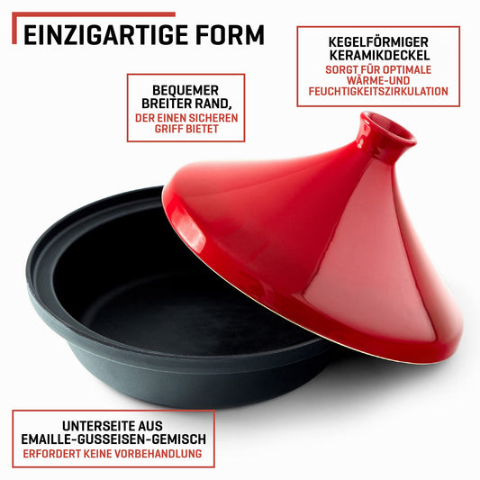 Uno Casa Moroccan Tajine Casserole Dish - 3.5 L cast iron pot with enameled cast iron base and cone-shaped lid