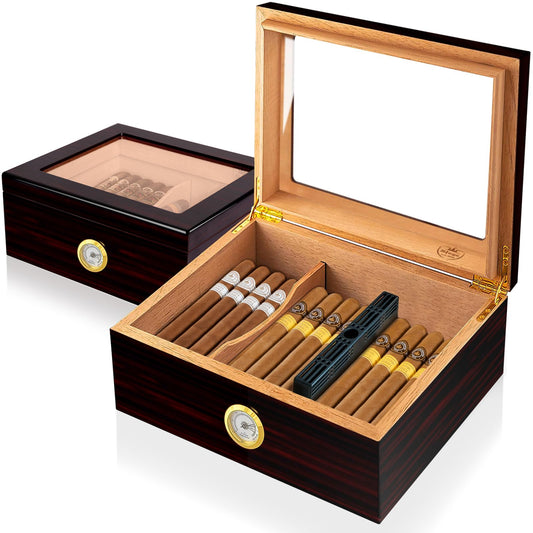Slege cigar humidors, humidor cigars, Spanish cedar wooden cigar box with humidor humidifier, hygrometer, divider, men's gift cigar accessories (30-50 cigars) black.