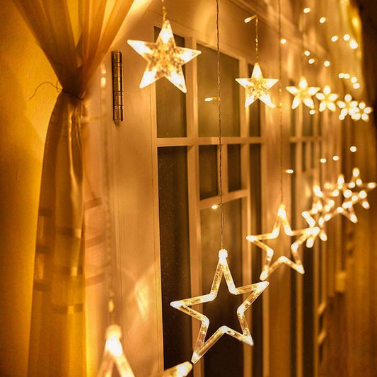 Avoalre curtain lights with 12 stars, 2 meters long, 138 LED star curtain lights can be expanded (up to 21 sets), star curtain lights for windows Christmas decoration, 8 modes warm white string lights.