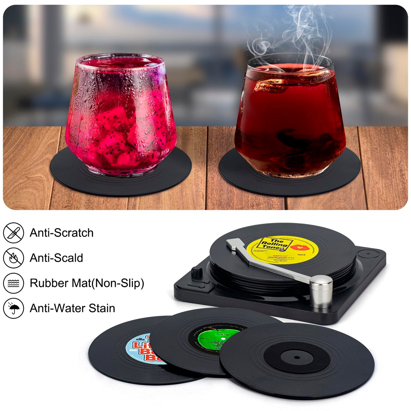 Valdivia retro vinyl record coasters with holder, set of 6 coasters for drinks, bars, parties, office, cafes, tea, cool home decor, and unique housewarming gifts.