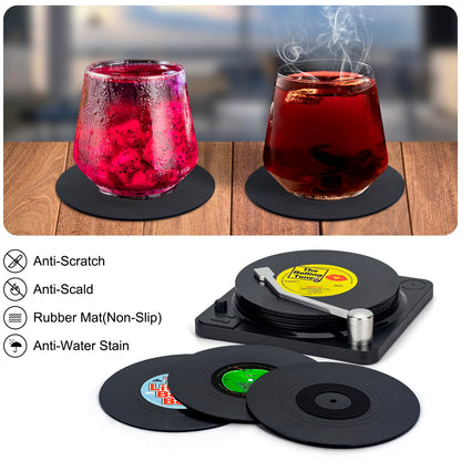 Valdivia retro vinyl record coasters with holder, set of 6 coasters for drinks, bars, parties, office, cafes, tea, cool home decor, and unique housewarming gifts.