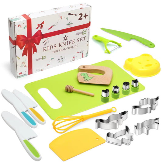 Children's knife 20-piece children's safety cooking knife kitchen knife set with vegetable cutters, wooden knife, cutting board etc. Montessori toy as a birthday gift for children from 2 years old.