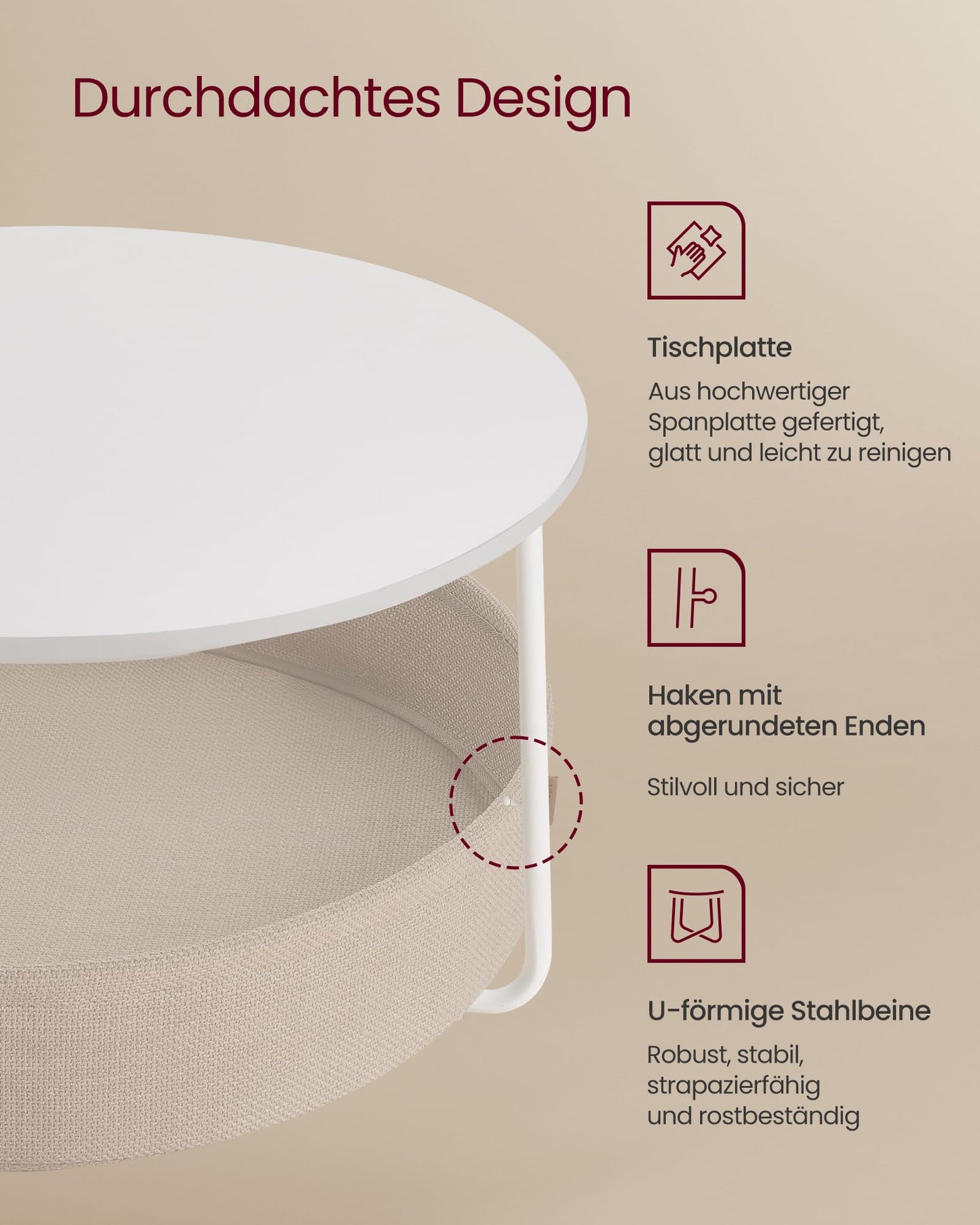 VASAGLE round coffee table with storage, side table, living room table with fabric basket, modern design, metal frame, matte white-camel brown LCT244W10