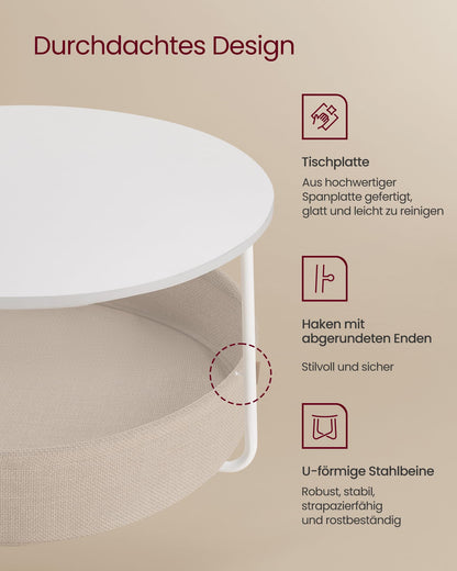 VASAGLE round coffee table with storage, side table, living room table with fabric basket, modern design, metal frame, matte white-camel brown LCT244W10