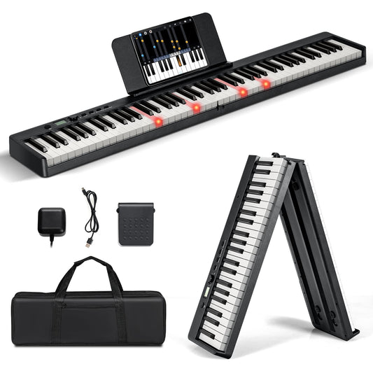 COSTWAY 88-Key Electric Piano Keyboard, Foldable, Portable Digital Keyboard (128 rhythms, 128 tones, and 20 demos) Digital Piano Set for Kids and Adults (Black)