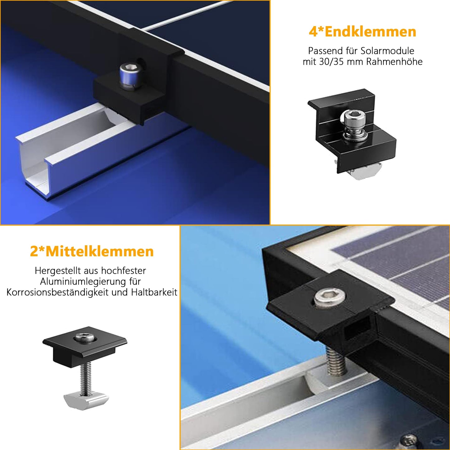 Solar panel mounting 2 module set: Photovoltaic PV mounts with 12cm aluminum rails and adjustable clamp for 30-35mm thick modules for flat roof trapezoidal sheet metal tile roof.