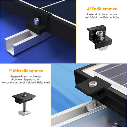 Solar panel mounting 2 module set: Photovoltaic PV mounts with 12cm aluminum rails and adjustable clamp for 30-35mm thick modules for flat roof trapezoidal sheet metal tile roof.