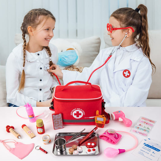 EFO SHM Doctor's Kit for Kids, 34-piece wooden doctor's kit with stethoscope, thermometer, syringe, doctor's bag, and lab coat - Gift for children role-playing toy for ages 3 years and up.