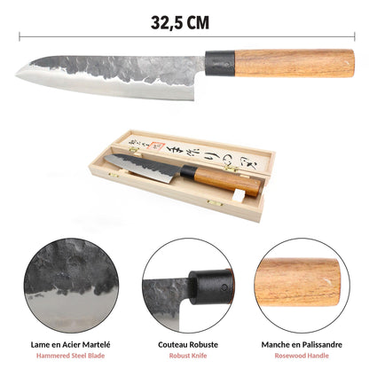 Fishtec Chef Kitchen Knife 18 cm - Japanese knife with hammered steel blade 2.5mm HCR hardness 58 - Professional multipurpose knife - Rosewood handle - Wooden gift box