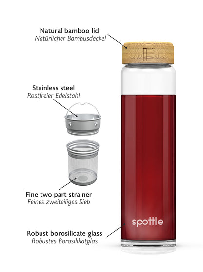 Spottle tea bottle glass 1 liter with infuser - tea kettle to go - glass bottle with tea infuser and protective cover for loose tea & infused water, BPA-free, leak-proof, dishwasher safe.