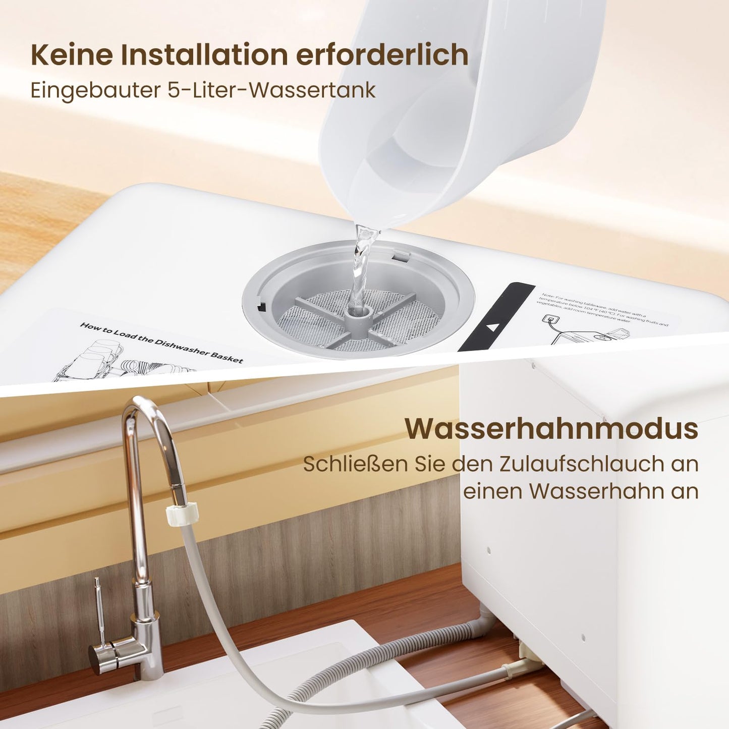 HAVA tabletop dishwasher, mini dishwasher with 6 programs and built-in 5-liter water tank, no connection required, baby care and air drying function for apartments and campers.