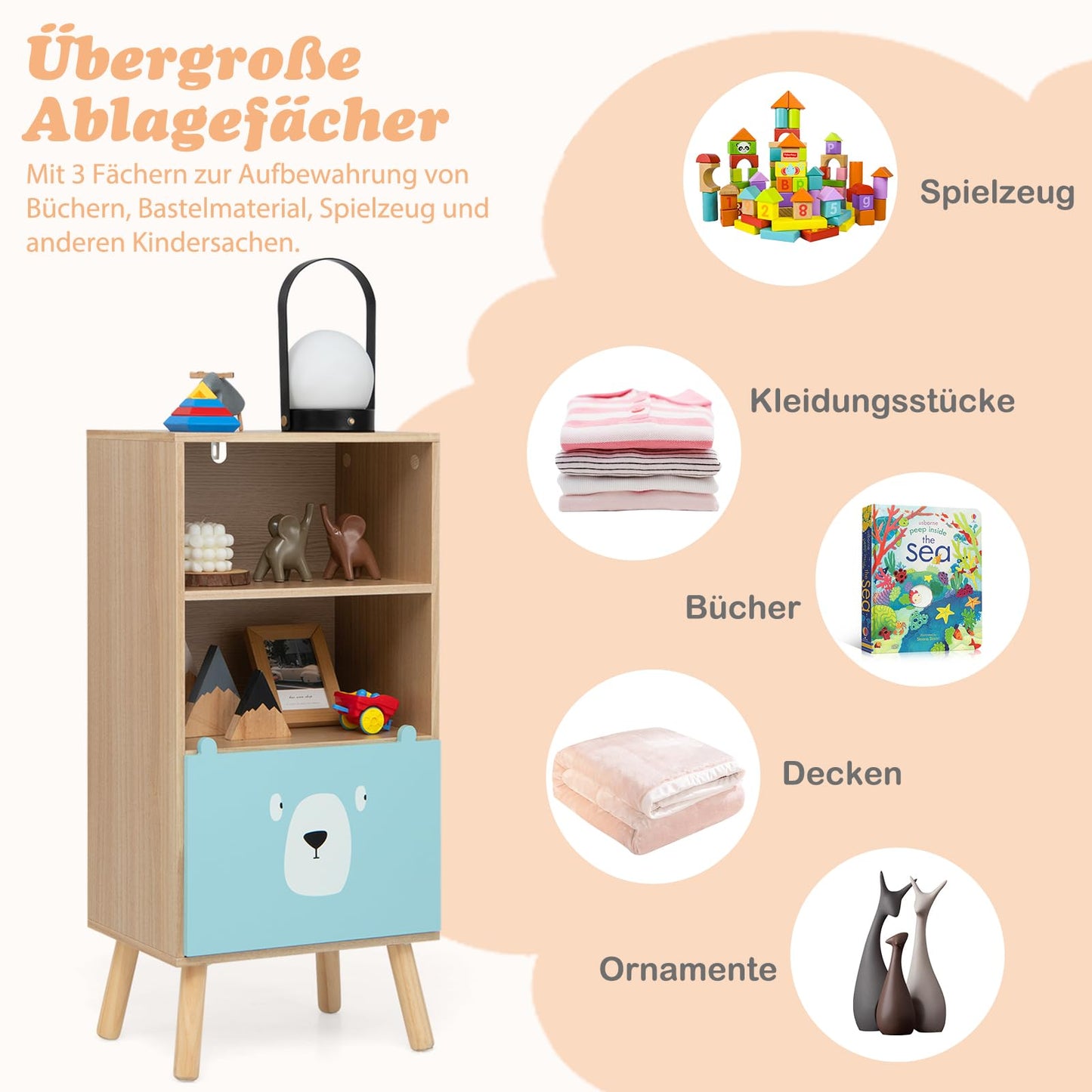 COSTWAY Children's Bookshelf with 3 levels, wooden kids shelf with drawer & 2 open compartments, toy storage shelf for children's room playroom, 40.5 x 29 x 85 cm (Model 1)