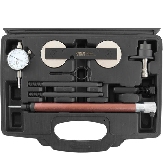 TECPO Engine Timing Tool Set VAG 1.2 1.4 1.6 FSI TSI TFSI suitable for Audi, VW, Seat, Skoda. Includes camshaft/crankshaft locking tools, dial gauge, OEM T10171 T10340 T10414. Ideal for timing chain replacement.