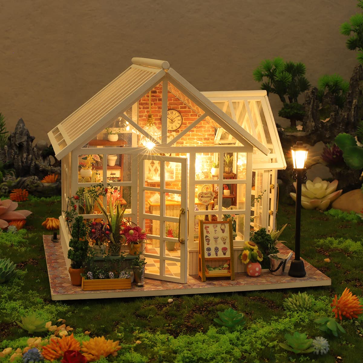 GuDoQi DIY Dollhouse Miniature Kit, 3D Wooden Dollhouse Kit with Furniture and Music and LED Light, Craft Miniature Model Kits for Women and Collectors, Beautiful Flower Shop