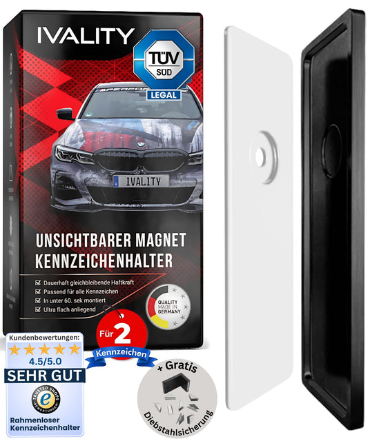 Ivality Magnetic License Plate Holder for 2 Plates, Invisible Frameless Magnetic License Plate Holder for Car, Interchangeable License Plate Holder for Austria, Road Legal, TÜV tested up to 350 km/h.