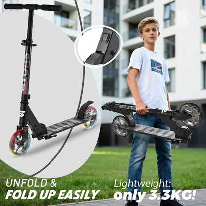SUOTU Roller for kids with 145mm wheels, scooter with light-up wheel for ages 3-12, foldable, adjustable height, city scooter for boys and girls, aluminum (black)