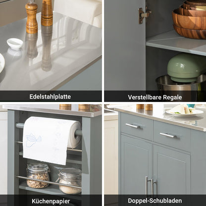 SoBuy kitchen trolley with stainless steel top, rolling cart with side shelf, sideboard, kitchen island, kitchen cabinet & serving cart on wheels, mobile trolley for kitchen organization in gray, 107x94x46 cm FKW108-HG.