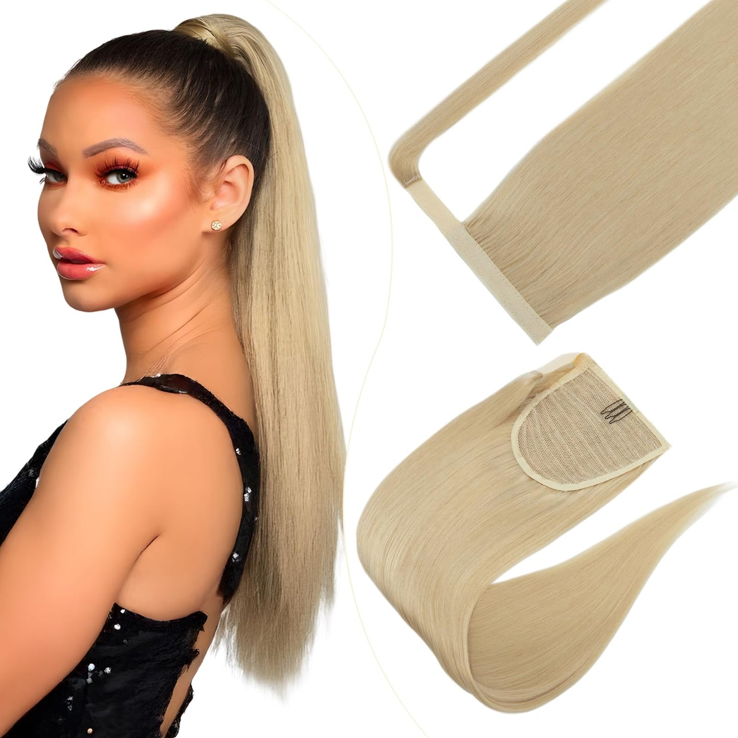 Elite Ponytail Hairpiece Extensions 100% Real Hair Hair Extension Women Clip in Ponytail Extension Blonde Black Straight 40cm 80g #613 Bleached Blonde