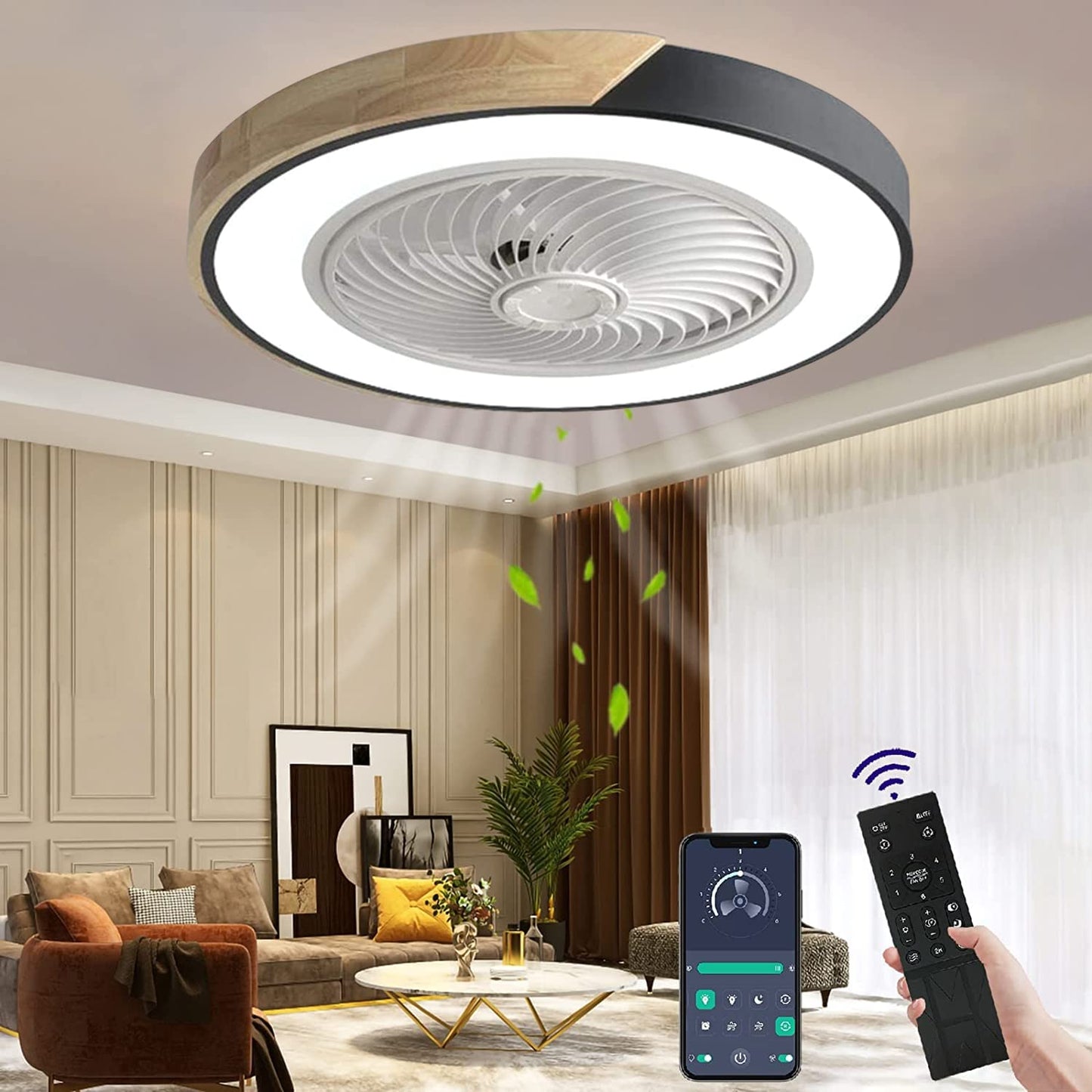 Wildcat Wood Ceiling Fan with LED lighting, Invisible Fan Ceiling Light Dimmable with Remote Control, Timer Quiet Fan Lamp, Ceiling Light for Living Room Bedroom Kids Room